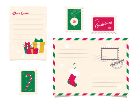 Vector Letter Template to Santa Claus. Blank form to fill out a children's Christmas wish letter. Blank mailing envelope with stamp and stamps.のイラスト素材