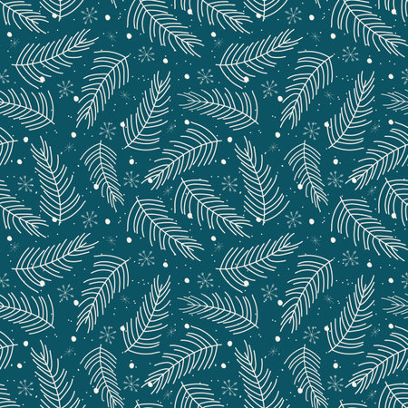 Seamless spruce branch pattern. Seamless tree branch vector with snowflakes in white on blue background. Christmas pattern for fabric or wrapping paper print.のイラスト素材