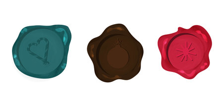 Vector set of Christmas seals. Green and red wax seals with illustrations of the new year.のイラスト素材