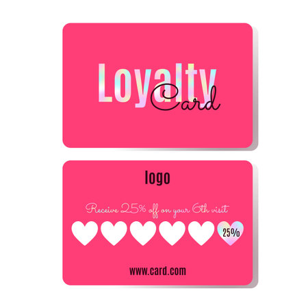Loyalty Card Vector Template. Pink card for customers with hologram. VIP card with 25% discount for salon or cafe clients.のイラスト素材