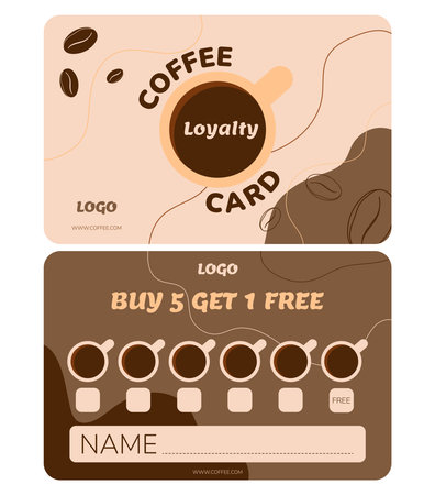 Vector loyalty card template. Vip card for coffee shop customers. Every 6 cups of coffee for free. Card in brown tones with an illustration of a cup and a coffee bean.のイラスト素材