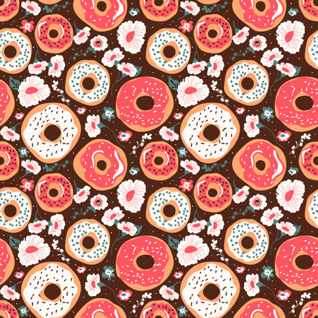 Seamless pattern with pink donuts and sprinkles and flowers. Vector pattern with beautiful round donuts and white flowers for packaging or textile print.のイラスト素材