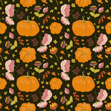 Seamless pattern with pumpkins and plants. Vector pattern with orange pumpkins and pink flowers on a dark brown background in the style of Scandinavian folk, rustic motifs. Rustic print with fall plants for fabric or packagingのイラスト素材
