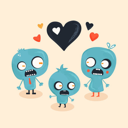 Vector illustration of zombie family blue. Funny illustration of cute bright zombies for Halloween holiday printのイラスト素材