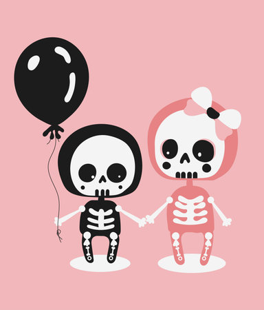Vector illustration of little girl and boy skeletons with black balloon. Halloween characters on a pink background. For package, sticker or card design.のイラスト素材