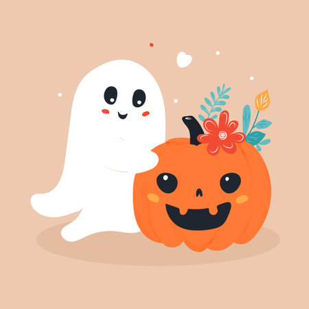 Vector illustration of ghost and pumpkin. Cute ghost and pumpkin decorated plant print for Halloween holiday wrap.のイラスト素材