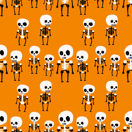 Seamless pattern cute skeletons on orange background. Cute and funny Halloween holiday pattern. flat style illustration. Holiday print of clothing, fabric or souvenirsのイラスト素材