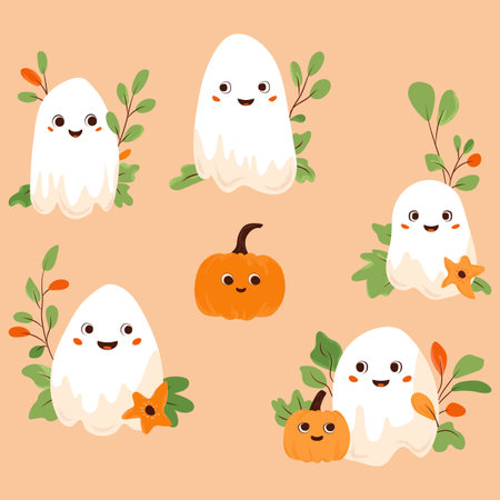 Vector set illustration of ghosts and pumpkins. Cute kawaii ghost with plants blue and pumpkin decorated plants for Halloween holiday wrap.のイラスト素材