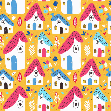 Seamless pattern of fabulous forest houses with flowers and leaves on yellow background. Beautiful baby seamless pattern for fabric print, wallpaper or packaging.のイラスト素材