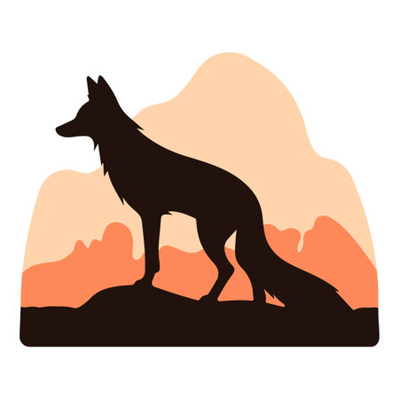 Vector silhouette of a black fox standing on the road with an orange backgroundのイラスト素材