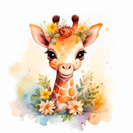 Watercolor illustration of a cute baby giraffe decorated with flowers. Generated ai portrait of a beautiful animal for a fabric print or card or packageの素材