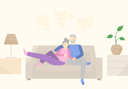Happy couple relaxing, sitting on sofa and dreaming. Old people lifestyle. Vector flat illustrationのイラスト素材