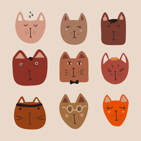 Set of cute cats with emotions. Sleepy cat, crying cat, princess cat, gentleman cat, scientist catのイラスト素材