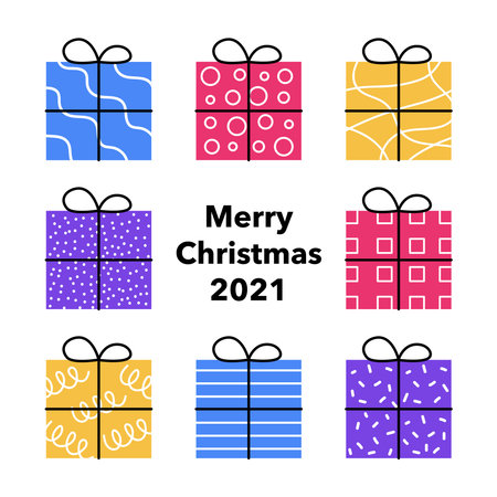 Set of 8 bright color gift boxes Merry Christmasのイラスト素材