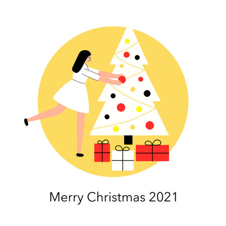 Woman is decorating white Christmas tree on yellow shapeのイラスト素材