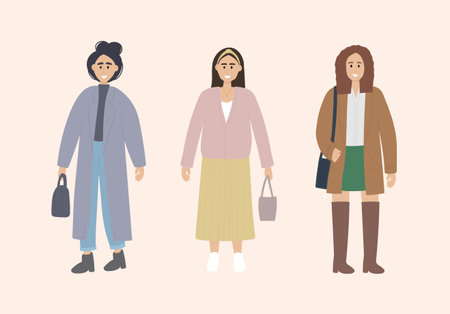 Set of 3 stylish girls in fashionable clothes on a neutral backgroundのイラスト素材