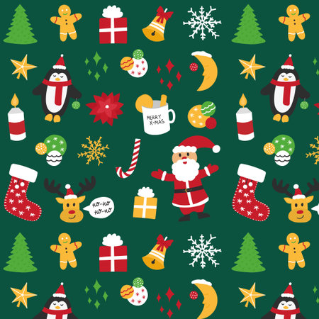 Cute Christmas seamless pattern on green background with Many elementsのイラスト素材