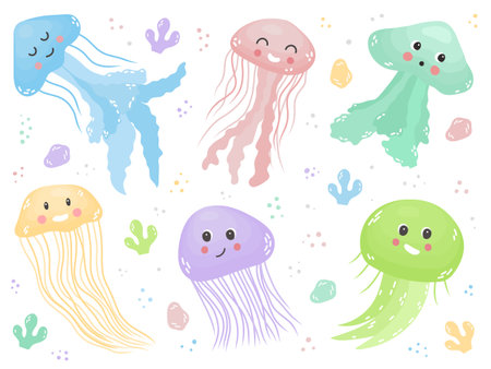 Cute bright set of jellyfish of different speciesのイラスト素材