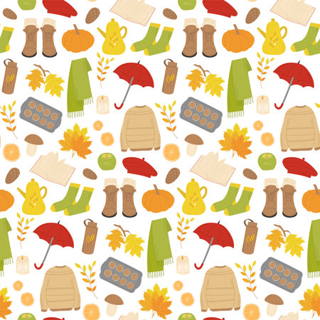 Autumn seamless pattern of vector icons. Cartoon sweater, scarf, leaves, boots, books, teapot, pumpkin, pastries, beret, socks. Fall season elements for poster, invitation, card, textile.のイラスト素材