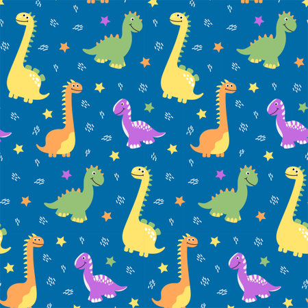 Seamless pattern of multicolored dinosaurs on blue background with stars in the cartoon styleのイラスト素材