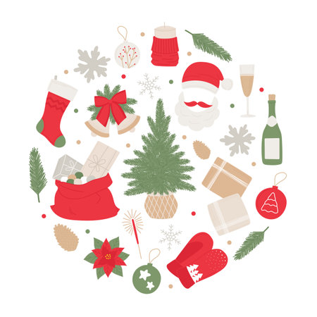 New Year handdrawn set. Lots of elements: Christmas tree, bells, ball, champagne, gifts, garlandのイラスト素材