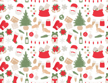 Seamles new year pattern Christmas tree, bells, ball, champagne, gifts, garland for print, textileの写真素材
