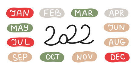 New Year lettering with stickers of months. For Christmas stickers, posters, calendars, notebooksのイラスト素材