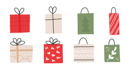 New year set of hand drawn christmas gift wrapping. Decoration isolated elements postcard, stickersのイラスト素材