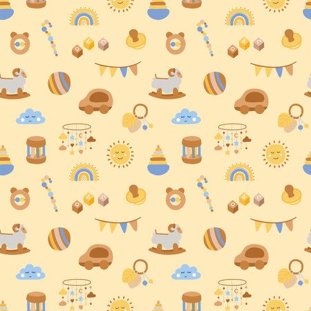 Cute newborn seamless pattern for baby shower in hand drawn style. Childbirth design for poster, invitation, scrapbook.のイラスト素材
