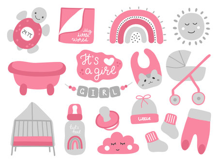Cute girl newborn set for baby shower in hand drawn style. Childbirth collection for poster, invitation, scrapbook.のイラスト素材