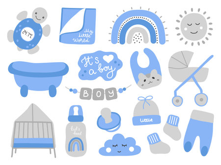Cute boy newborn set for baby shower in hand drawn style. Childbirth collection for poster, invitation, scrapbook.のイラスト素材