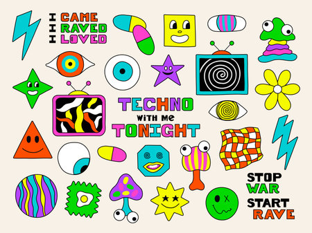 Psychedelic trippy acid rave large set. Trendy abstract characters, objects in cartoon style. 60s, 70s, hippie elementsのイラスト素材