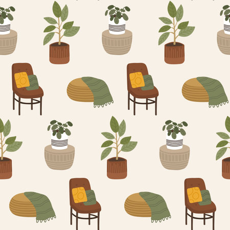 Trendy scandinavian boho seamless pattern with potted plants for home. Cozy home garden for textile, postcards, posters.のイラスト素材