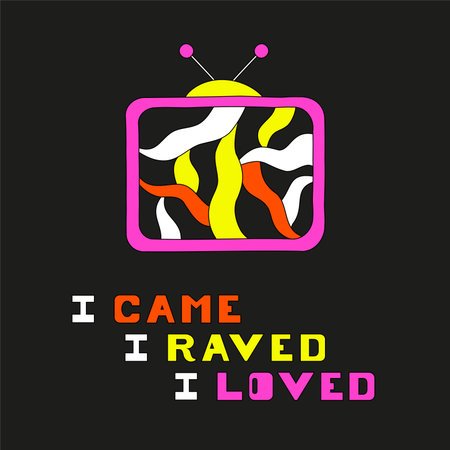 Psychedelic trippy acid rave postcard. Trendy abstract tv and quote in cartoon style. 60s, 70s, hippie design.のイラスト素材