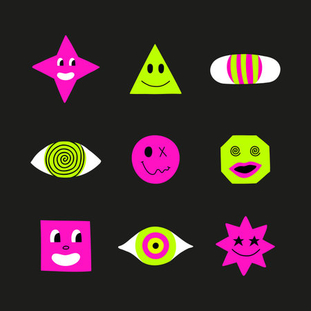 Psychedelic trippy acid rave set. Trendy abstract smiles, emoji and eyes in cartoon style. 60s, 70s, hippie elementsのイラスト素材