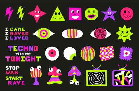 Psychedelic trippy acid rave large set. Trendy abstract characters, objects in cartoon style. 60s, 70s, hippie elementsのイラスト素材