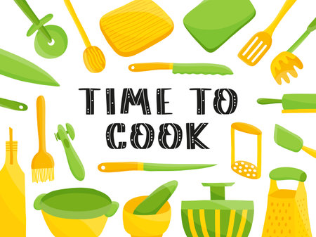 Time to cook banner for cafes and restaurants with illustrations of kitchen utensils. Spade, knife, spatula, masher.のイラスト素材