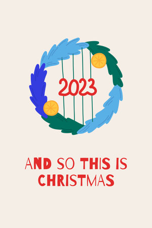 New Year card with wreath and Christmas quote. In hand drawn style. For postcards, invitations, posters, posters.のイラスト素材