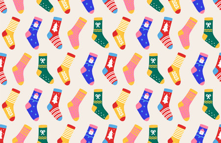 Christmas New Year pattern with socks in hand drawn. Seamless for textiles, packaging, backgrounds, postcards.のイラスト素材