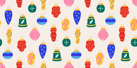 Christmas New Year pattern with tree toys balls in hand drawn. Seamless for textiles, packaging,...