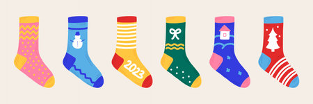 New Year set Christmas socks hand drawn style. Isolated stickers, elements for the design of brochures, invitations.のイラスト素材