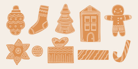New Year set Christmas gingerbreads hand drawn style. Isolated stickers, elements for the design of brochures, postcardsのイラスト素材