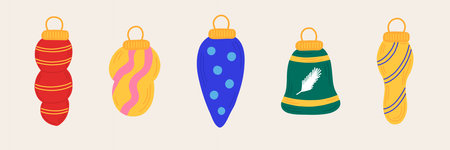 New Year set Christmas tree balls in hand drawn style with ornament. Isolated icons, stickers, elements for the design of brochures, postcards, posters, invitations.のイラスト素材