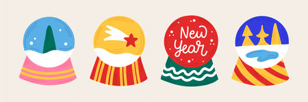 New Year set Christmas snow balls in hand drawn style with ornament. Isolated icons, stickers, elements for the design of brochures, postcards, posters, invitations.のイラスト素材