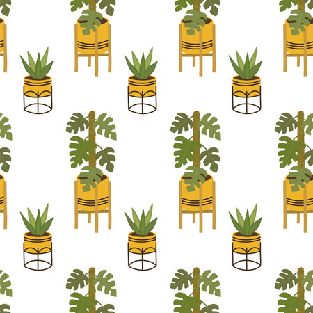 Seamless pattern of natural houseplant. Green cartoon natural background. For textile, fabric, postcard, posterのイラスト素材