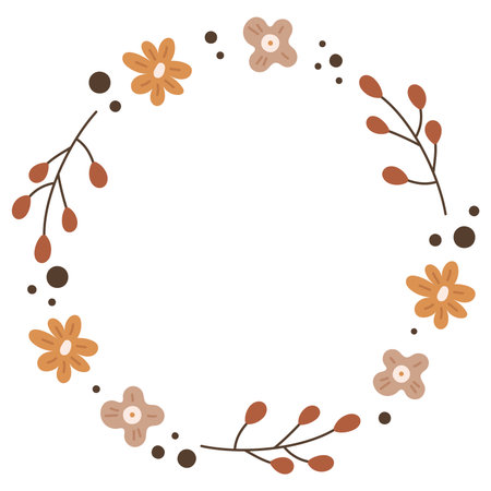 Cute flower wreaths in autumn shades with leaves and branches. Design for postcard, poster, invitation, cardのイラスト素材