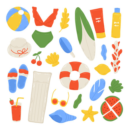 Summer set with cute beach elements: bikini, watermelon, sunscreen, flip flops, seashell, lifebuoy, hat, cocktail. Hand drawn flat cartoon elements. Vector illustrationのイラスト素材