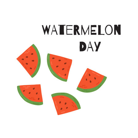 Summer postcard watermelon day with lettering. Hand drawn flat cartoon elements. Vector illustrationのイラスト素材