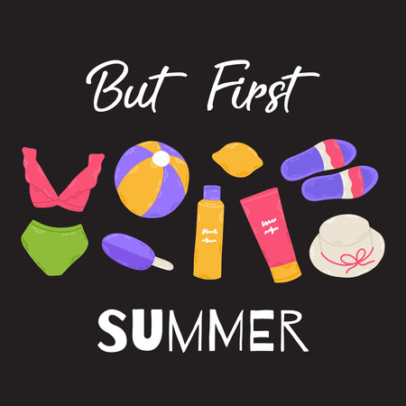 Summer set with lettering and cute beach elements: bikini, watermelon, sunscreen, flip flops, seashell, lifebuoy, hat, cocktail. Hand drawn flat cartoon elements. Vector illustrationのイラスト素材
