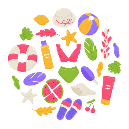 Summer set with cute beach elements: bikini, watermelon, sunscreen, flip flops, seashell, lifebuoy, hat, cocktail. Hand drawn flat cartoon elements. Vector illustrationのイラスト素材